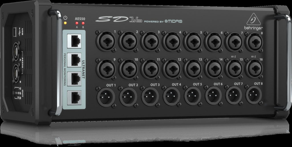 Behringer SD16 stage box interface with multiple input and output ports for professional PA and audio setup.