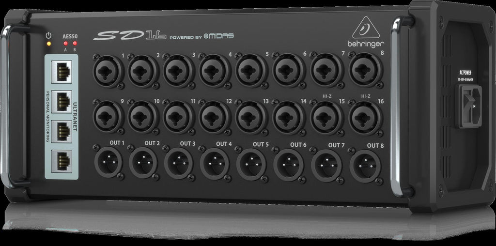 Behringer SD16 stage box interface with multiple input and output ports for professional audio setup.