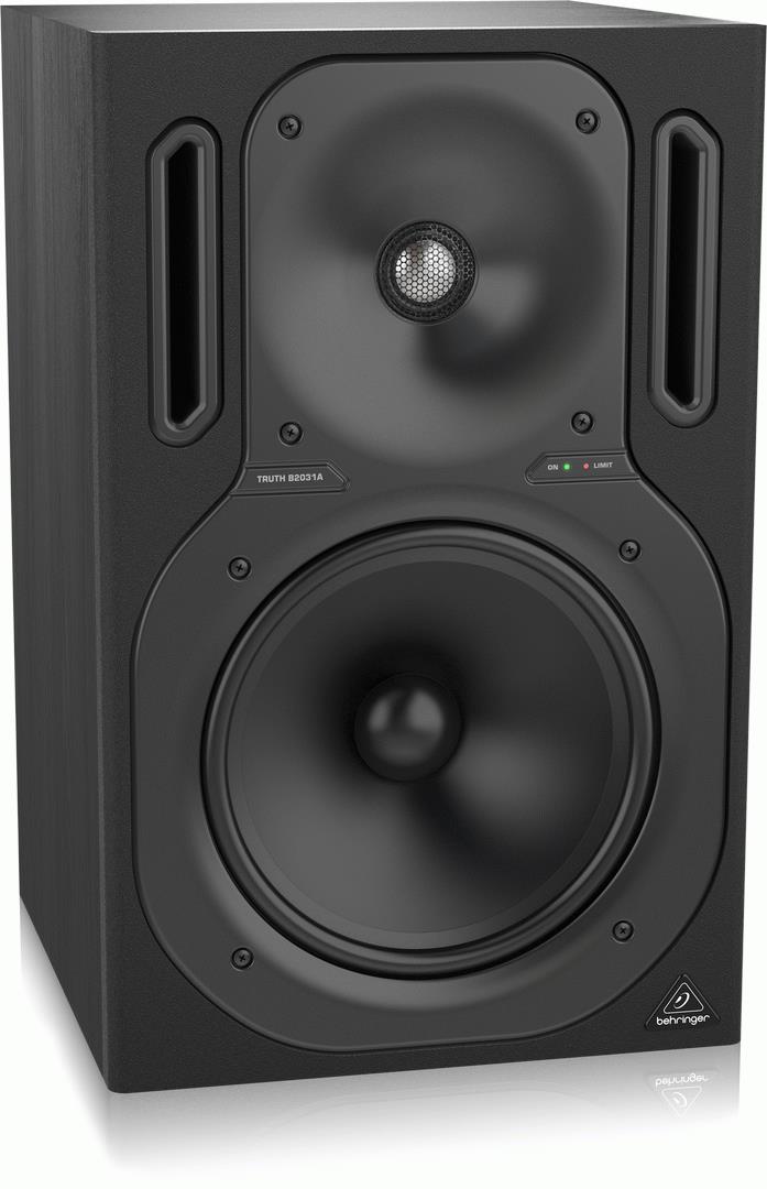 Behringer TRUTH B2031A 8-inch studio monitor speaker showing front view with speaker grille and control panel in a studio setting