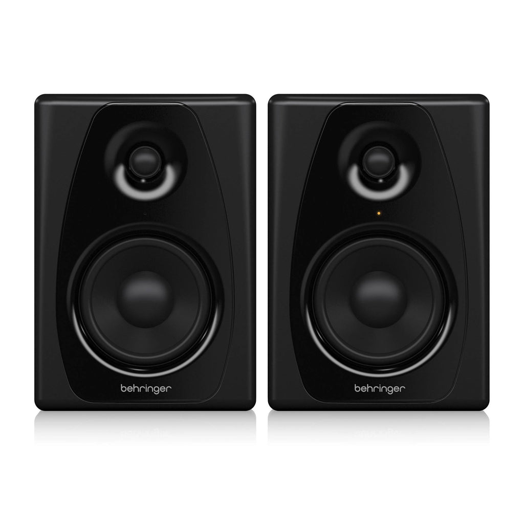 Pair of Behringer Studio 50USB 5-inch studio monitor speakers, featuring sleek black design and audio input ports