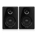 Pair of Behringer Studio 50USB 5-inch studio monitor speakers, featuring sleek black design and audio input ports