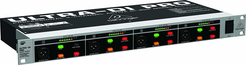 Behringer Ultra-DI DI4000 4-channel active DI box in rackmount for live outboard audio use, with input and output jacks visible.