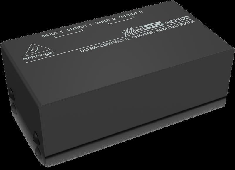Behringer MicroHD HD400 Hum Destroyer live outboard audio processor with control knobs and input/output jacks.