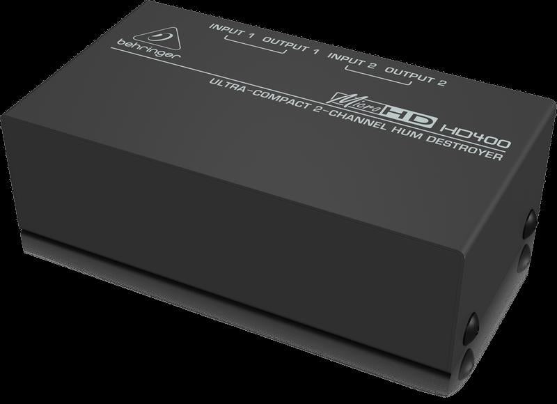 Behringer MicroHD HD400 Hum Destroyer live outboard noise suppressor with input and output jacks, compact design for audio clarity.