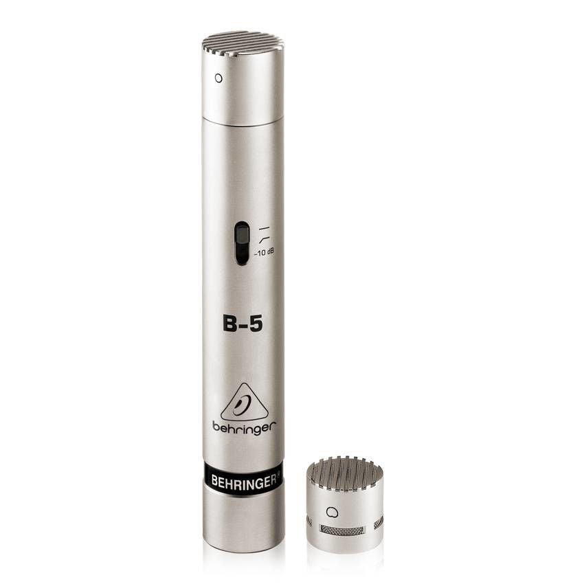 Behringer B5 condenser studio microphone with interchangeable capsule, showing the microphone with metallic body and capsule attachment.