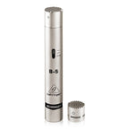 Behringer B5 condenser studio microphone with interchangeable capsule, showing the microphone with metallic body and capsule attachment.