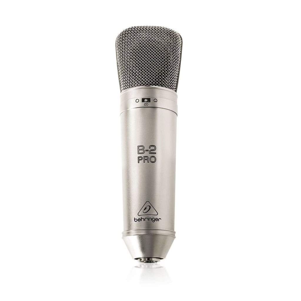 Behringer B2Pro condenser studio microphone with dual switches and metal grille for professional vocal and instrument recording.