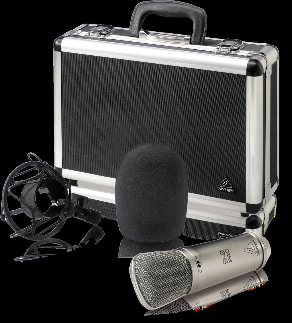 Behringer B2Pro condenser studio microphone with black body and silver grille, mounted on a stand.