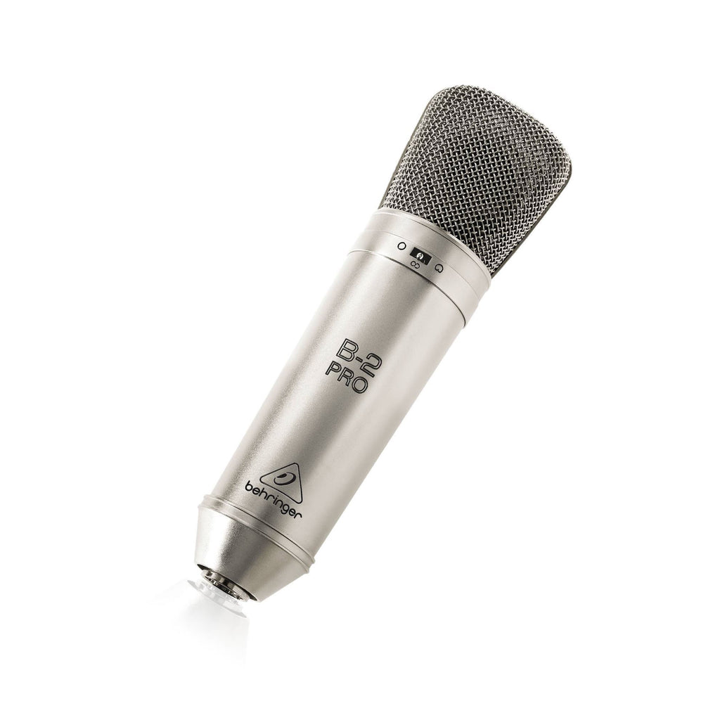 Behringer B2Pro condenser studio microphone with adjustable stand and shock mount, professional recording equipment.