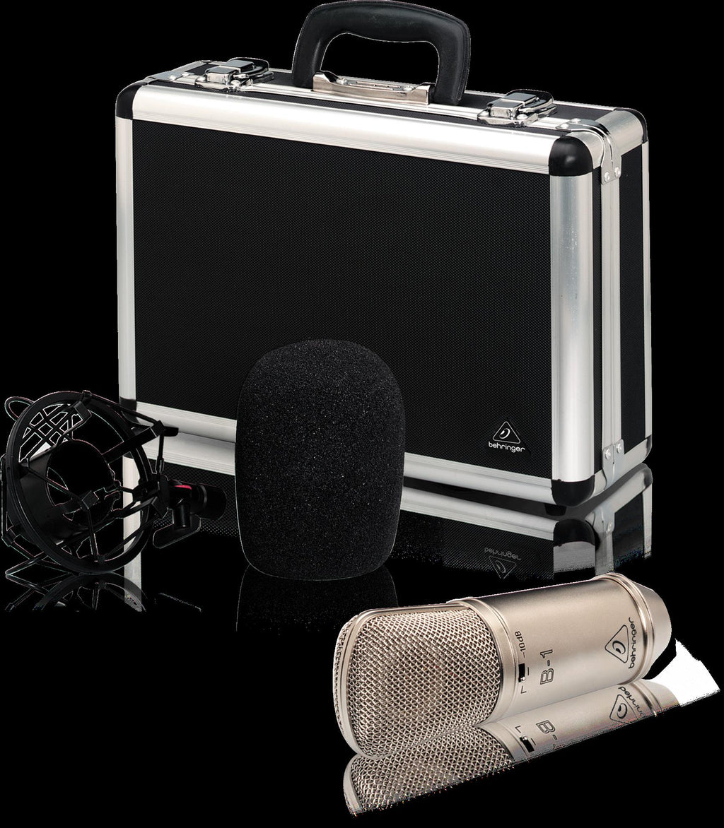Behringer B1 large diaphragm studio microphone with metal grille and black body, ideal for vocals and studio recording.