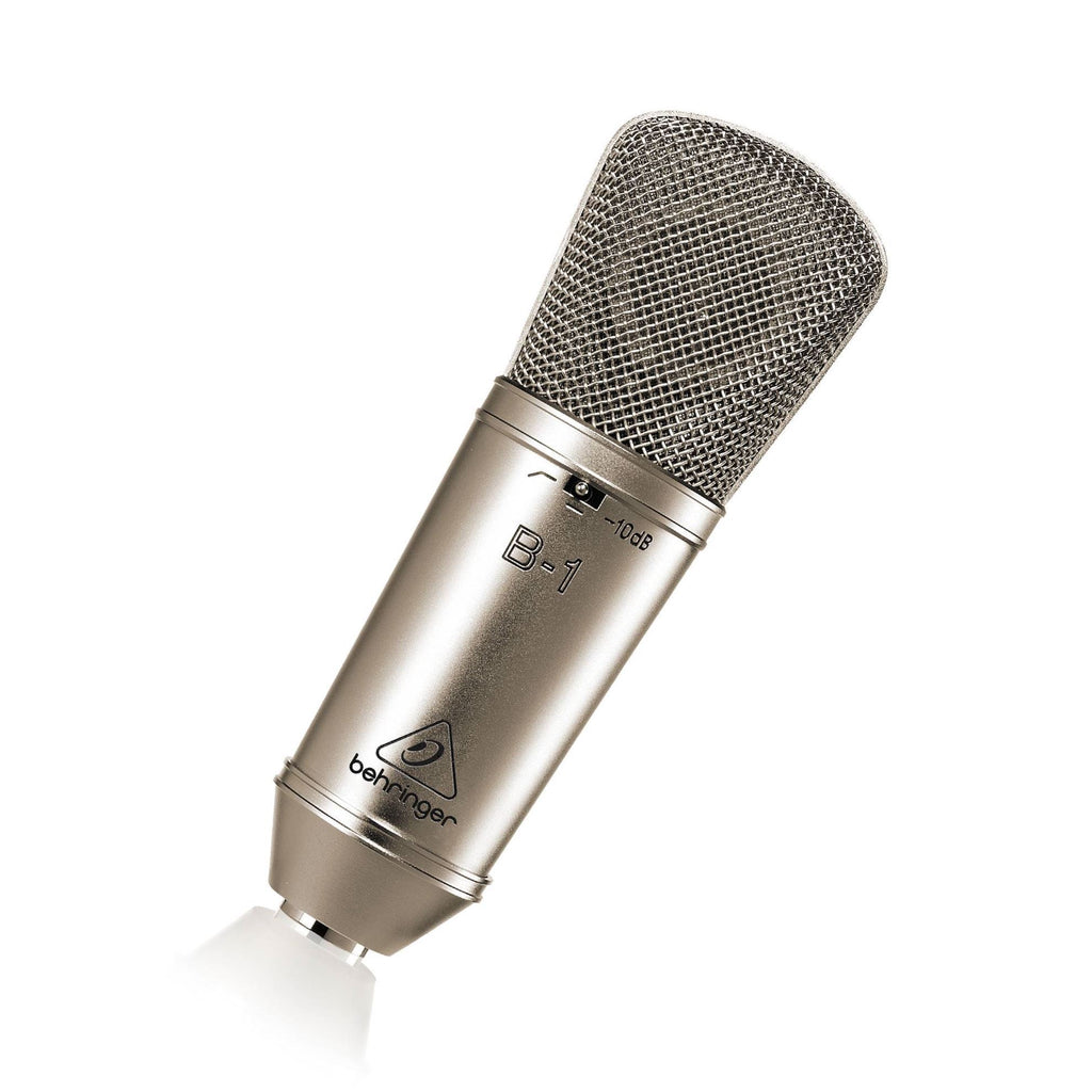 Behringer B1 large diaphragm studio microphone with black body and silver grille, designed for professional recording.