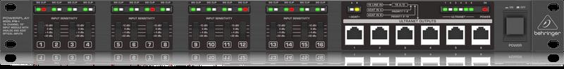 Behringer P16-I Powerplay ADAT/Analog Module for PA accessories, showing front panel with input and output ports.