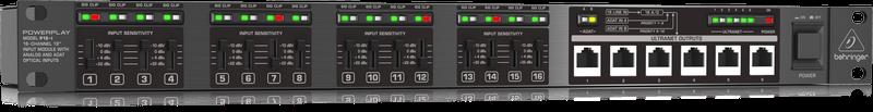 Behringer P16-I Powerplay ADAT/Analog module for PA systems, showing connection ports and controls on a professional audio accessory