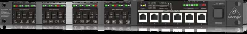 Behringer P16-I Powerplay ADAT/analog module for PA systems, featuring multiple input connections and control knobs.