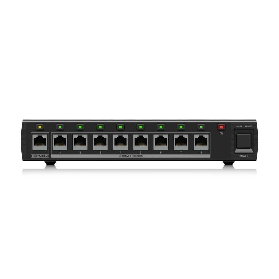 Behringer Powerplay P16-D digital Ultranet distributor for PA systems, showing the device with multiple input and output ports.