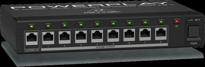 Behringer Powerplay P16-D digital Ultranet distributor for PA systems, showing the compact black device with input and output ports.