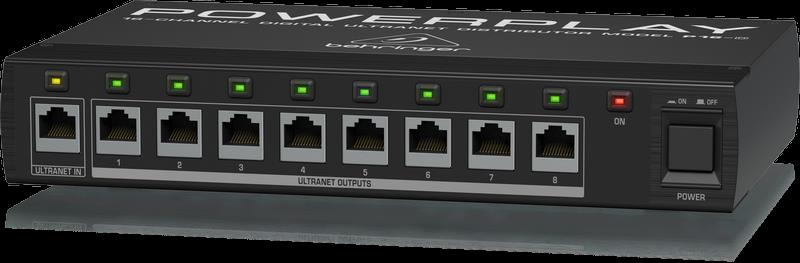 Behringer Powerplay P16-D digital Ultranet distributor connected to PA system, showing front panel and digital interface.