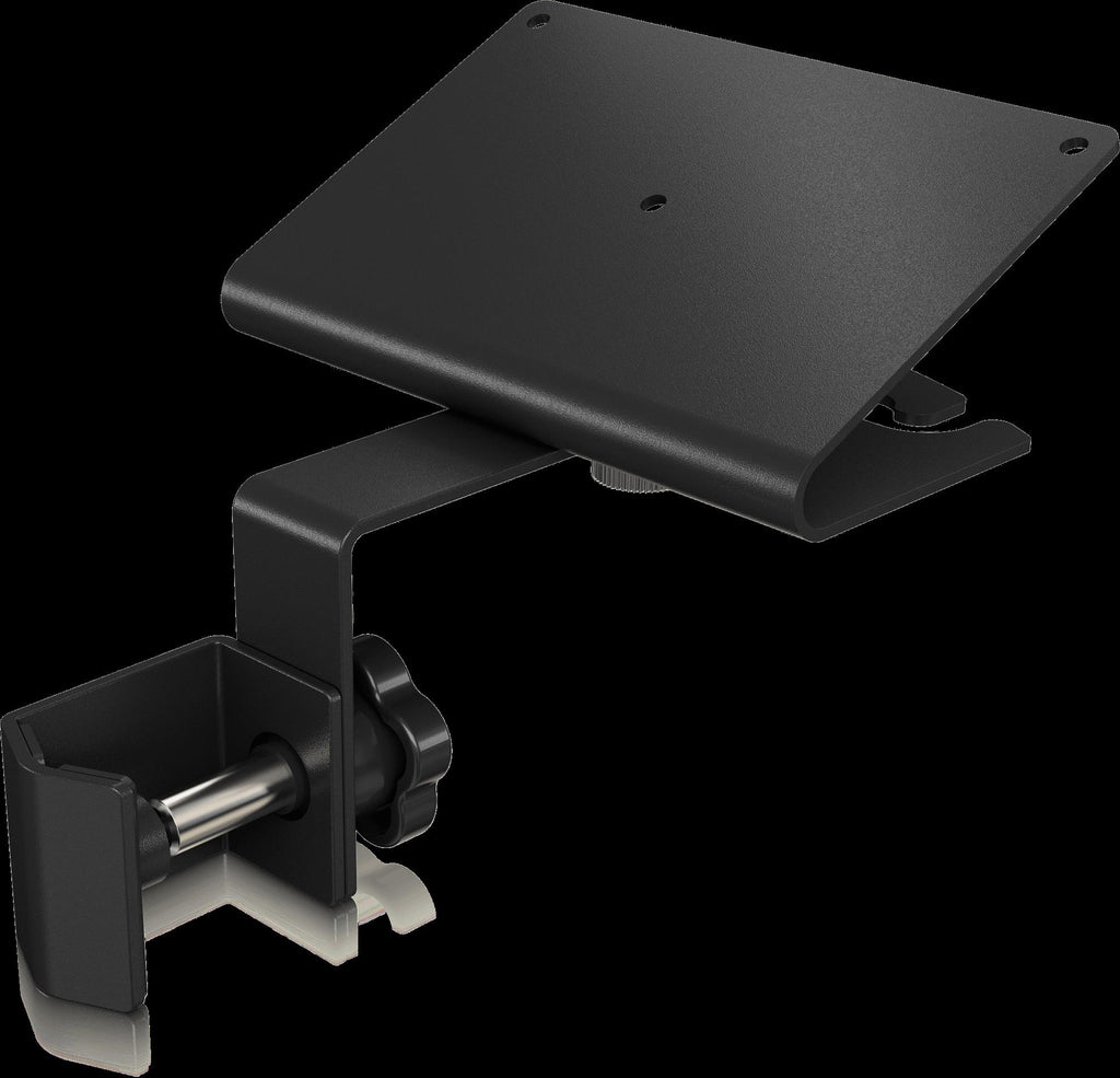 Behringer Powerplay 16 P16-MB bracket for stands and accessories, shown mounted on audio equipment with cable connections.
