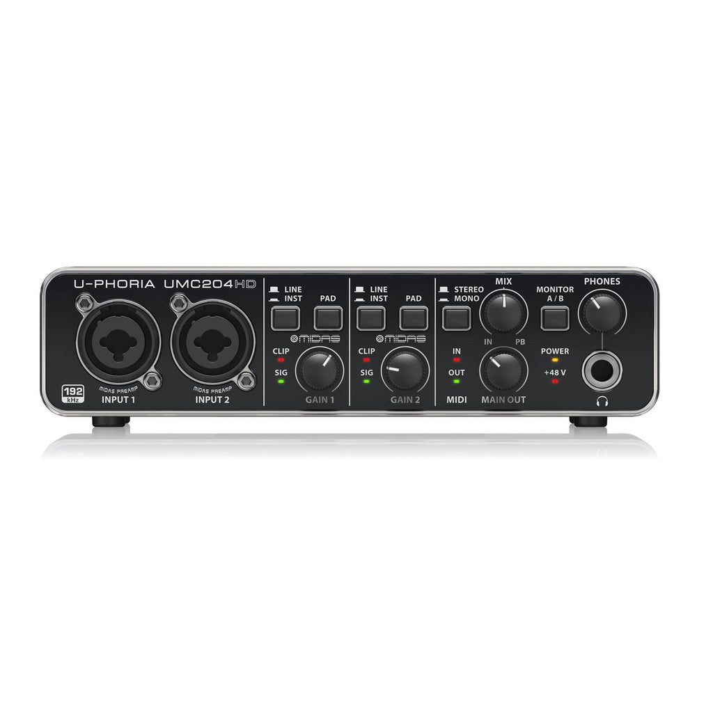 Behringer U-Phoria UMC204HD USB audio interface with dual inputs and control knobs, set against a neutral background.