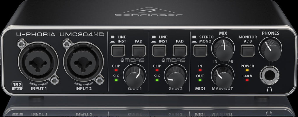 Behringer U-Phoria UMC204HD USB audio interface with two inputs and MIDI connectivity on a sleek design.