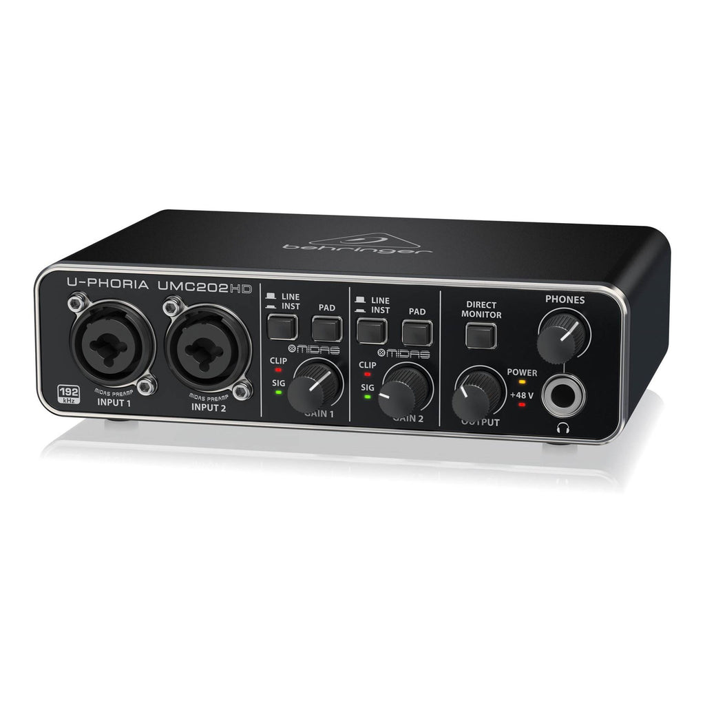 Behringer U-Phoria UMC202HD audio interface with two input channels and control knobs on a black and silver device.