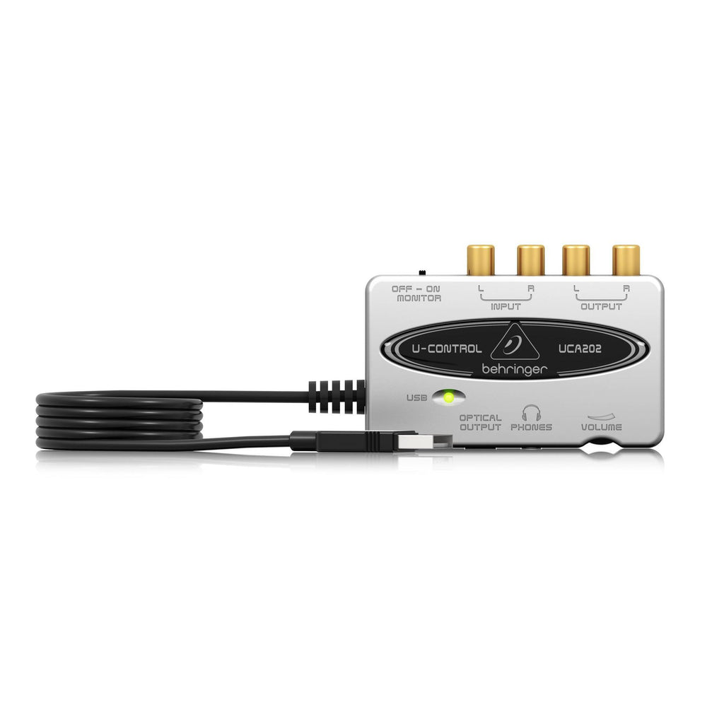 Behringer U-Control UCA202 USB audio interface with connection ports and controls, used for recording and audio mixing.
