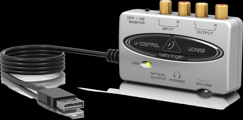 Behringer U-Control UCA202 USB audio interface with input and output jacks, compact design, and control knobs for audio recording.