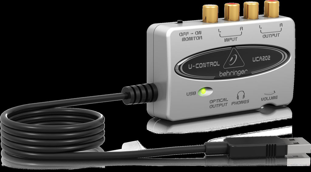 Behringer U-Control UCA202 USB audio interface with input and output ports, compact design, and control knobs.