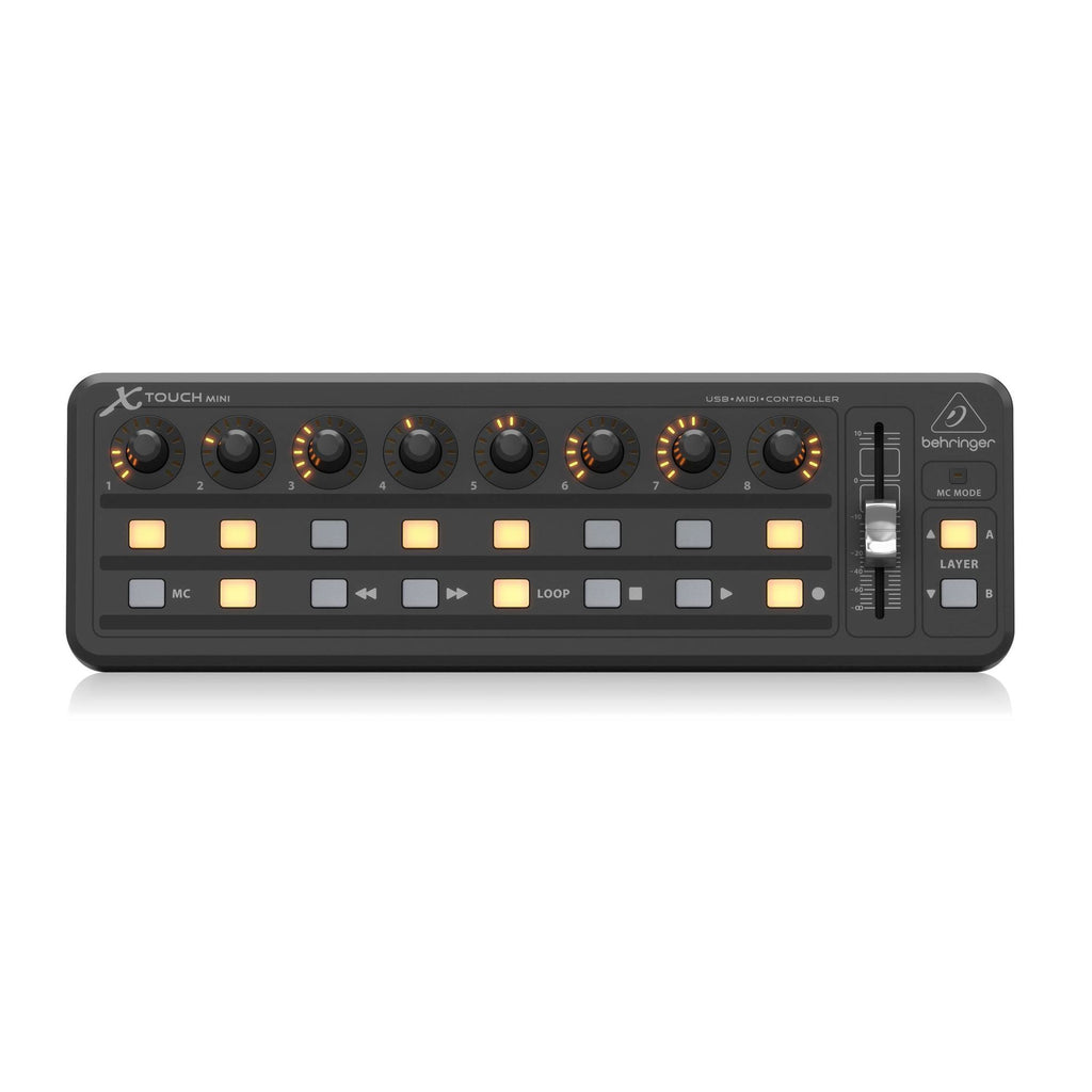 Behringer X-Touch Mini USB MIDI controller with knobs, buttons, and compact design for music production and control.