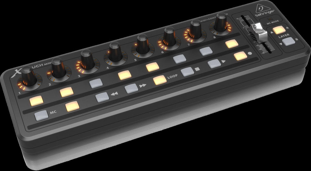 Behringer X-Touch Mini USB MIDI controller with knobs and buttons for music production and digital audio control.