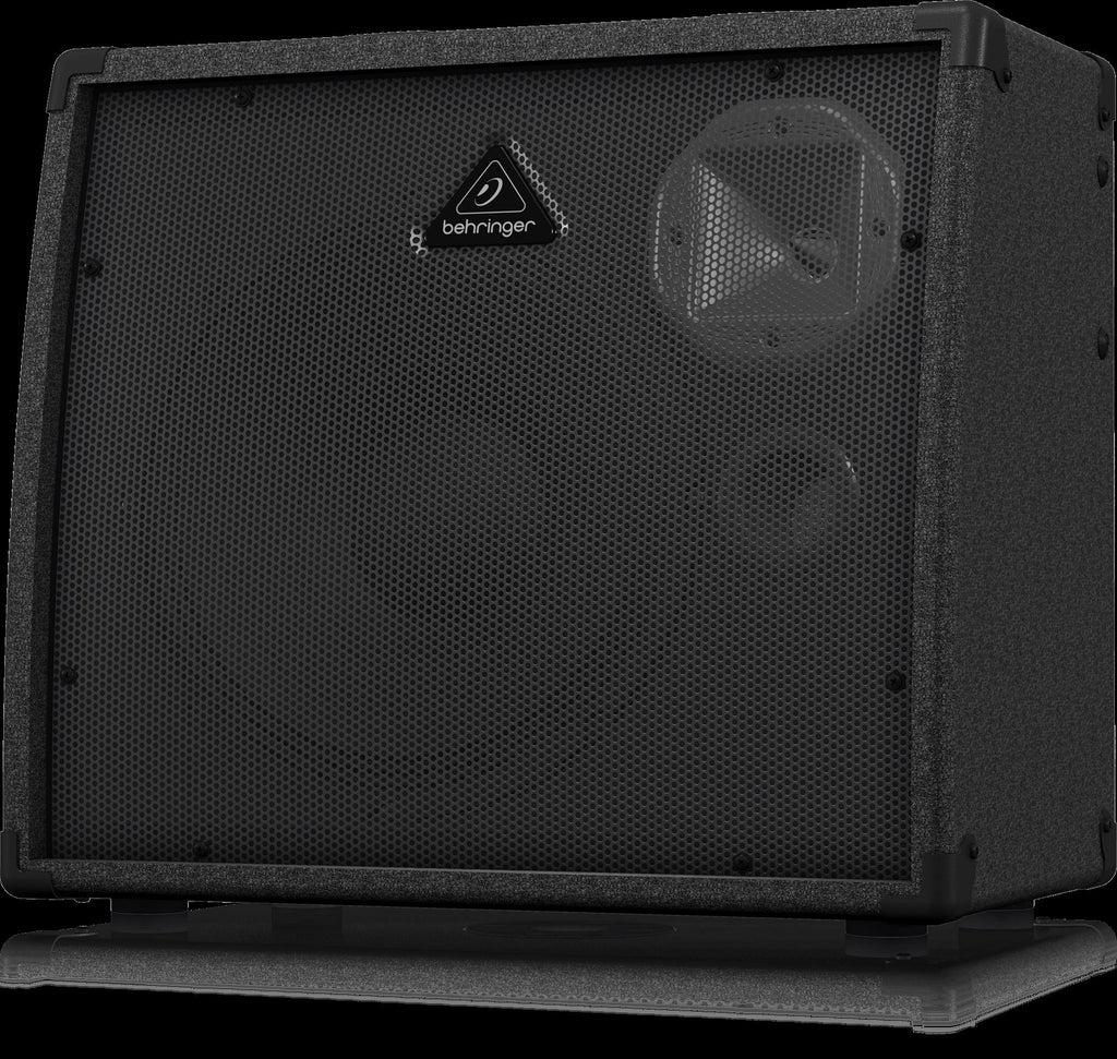 Behringer K900FX Ultratone Keyboard Amp, showcasing a sleek design with controls and speaker grille visible.