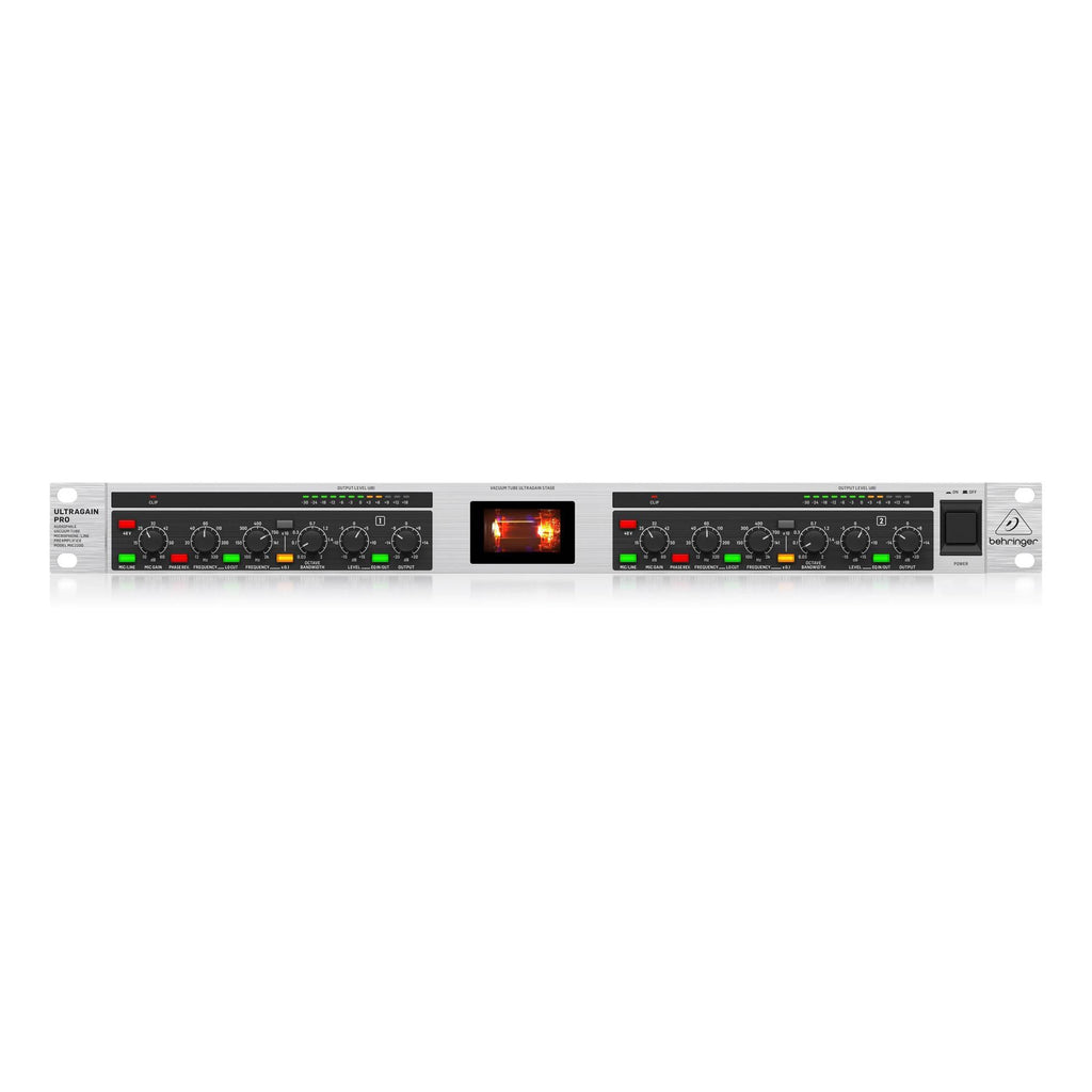 Behringer Ultragain Pro MIC2200 studio outboard preamp with control knobs and input/output connections.