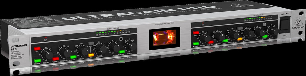 Behringer Ultragain Pro MIC2200 studio outboard preamp with dual channels and control knobs for professional audio recording.