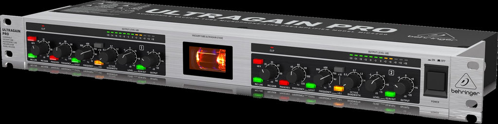 Behringer Ultragain Pro MIC2200 studio outboard preamp with dual channels and control knobs for professional audio quality.