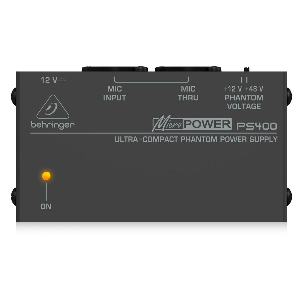 Behringer PS400 MicroPower ultra-compact phantom power supply for live outboard audio equipment with multiple input ports.