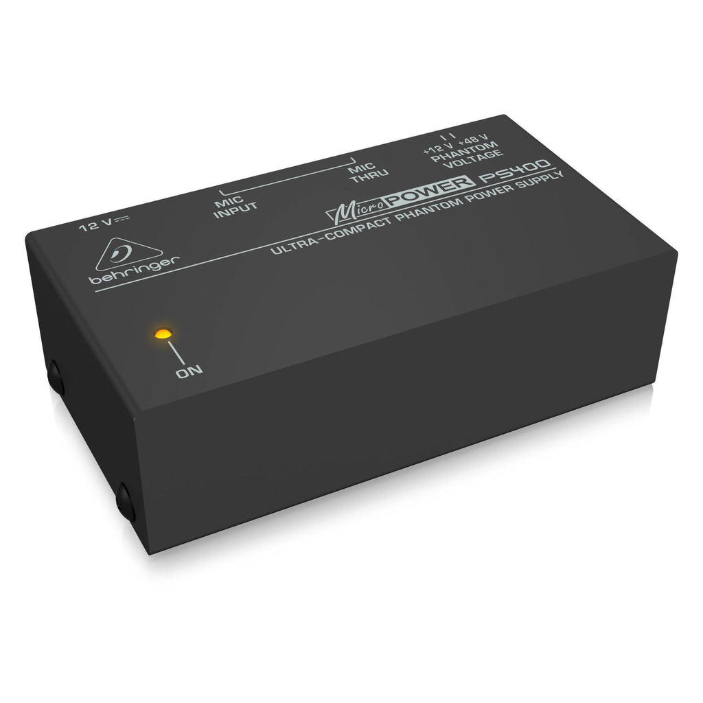 Behringer PS400 MicroPower ultra-compact phantom power supply for live outboard equipment, shown in a close-up image.