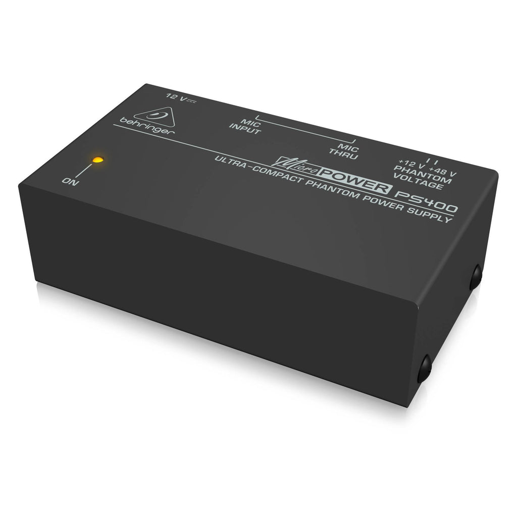 Behringer PS400 MicroPower ultra-compact phantom power supply for live outboard audio equipment, shown in the image.