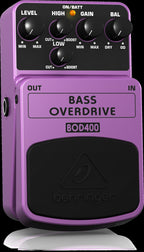 Behringer BOD400 bass overdrive effects pedal with control knobs and input/output jacks, designed for guitar and bass effects.