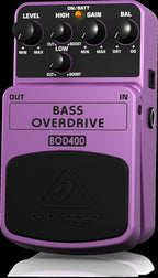 Behringer BOD400 bass overdrive effects pedal with knobs and input/output jacks on a pedalboard.