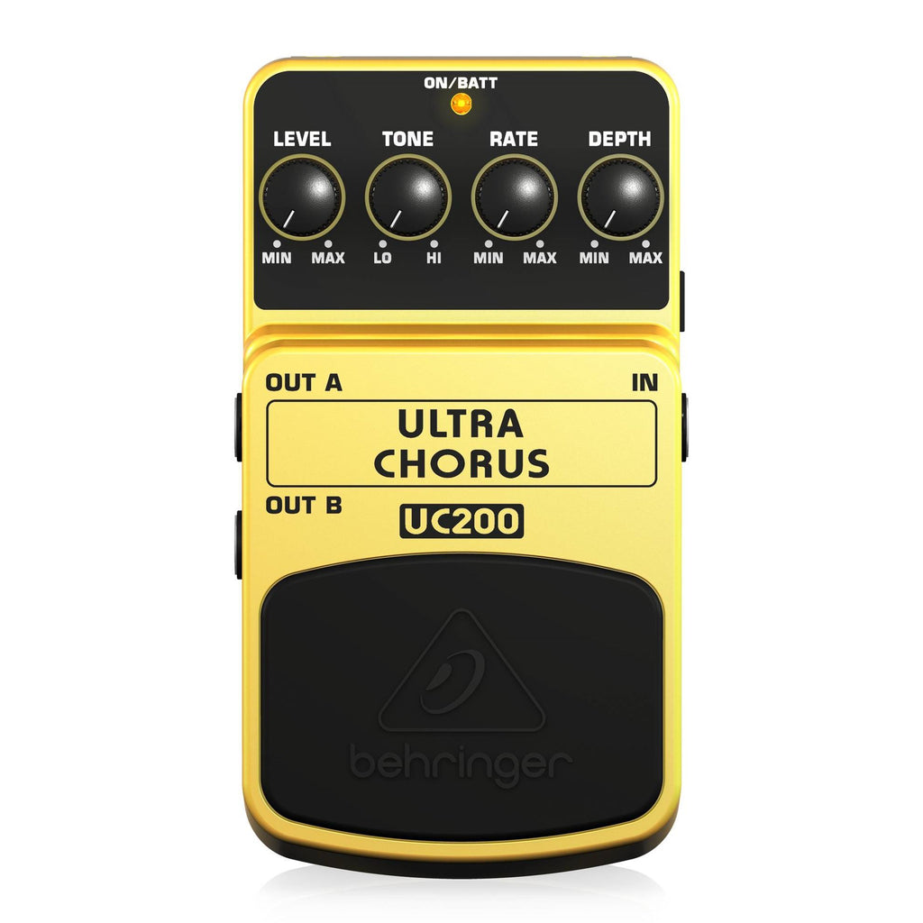 Behringer UC200 Ultra Chorus effects pedal showing controls, input/output jacks, and sleek black design for guitar or keyboard use.