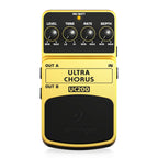 Behringer UC200 Ultra Chorus effects pedal showing controls, input/output jacks, and sleek black design for guitar or keyboard use.