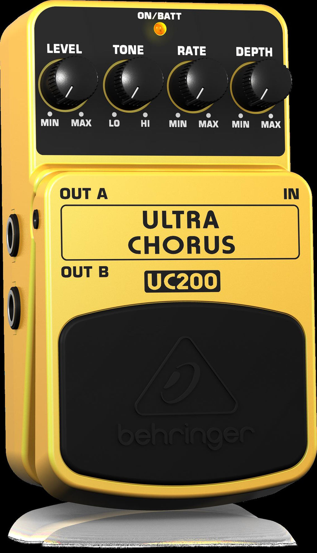Behringer UC200 Ultra Chorus effects pedal with control knobs and input/output jacks for guitar or audio effects.