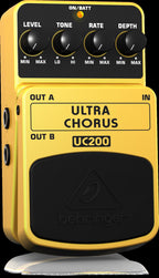 Behringer UC200 Ultra Chorus effects pedal with control knobs and input/output jacks for guitar or audio effects.