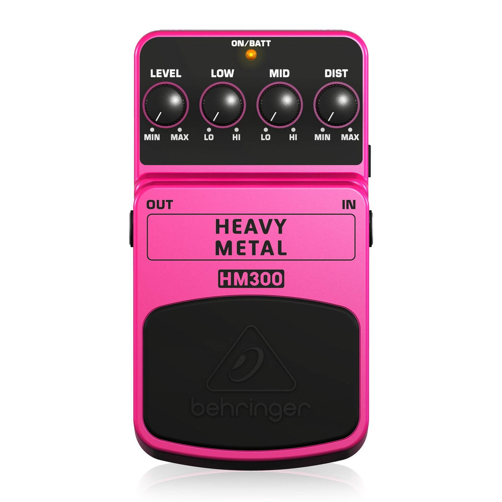 Behringer HM300 Heavy Metal Effects Pedal for electric guitars, showing the pedal with control knobs and input/output jacks
