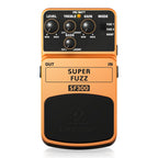 Behringer SF300 Super Fuzz effects pedal with footswitch, control knobs, and colorful design for guitar distortion effects.