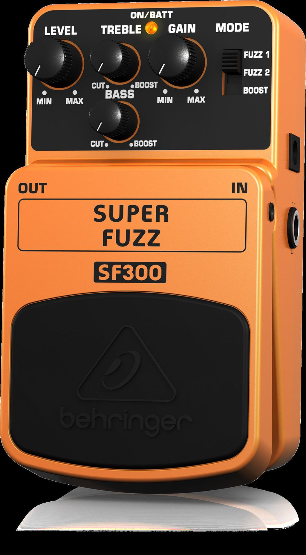 Behringer SF300 Super Fuzz effects pedal with black compact metal casing and control knobs for guitar sound effects.