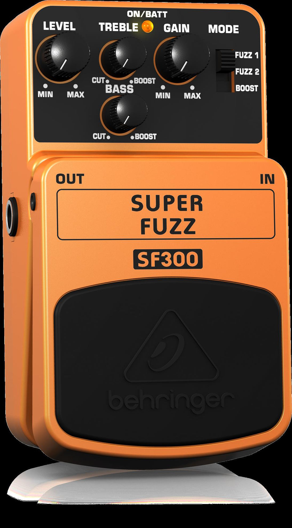Behringer SF300 Super Fuzz effects pedal showing a compact guitar effects pedal with control knobs and input/output jacks.
