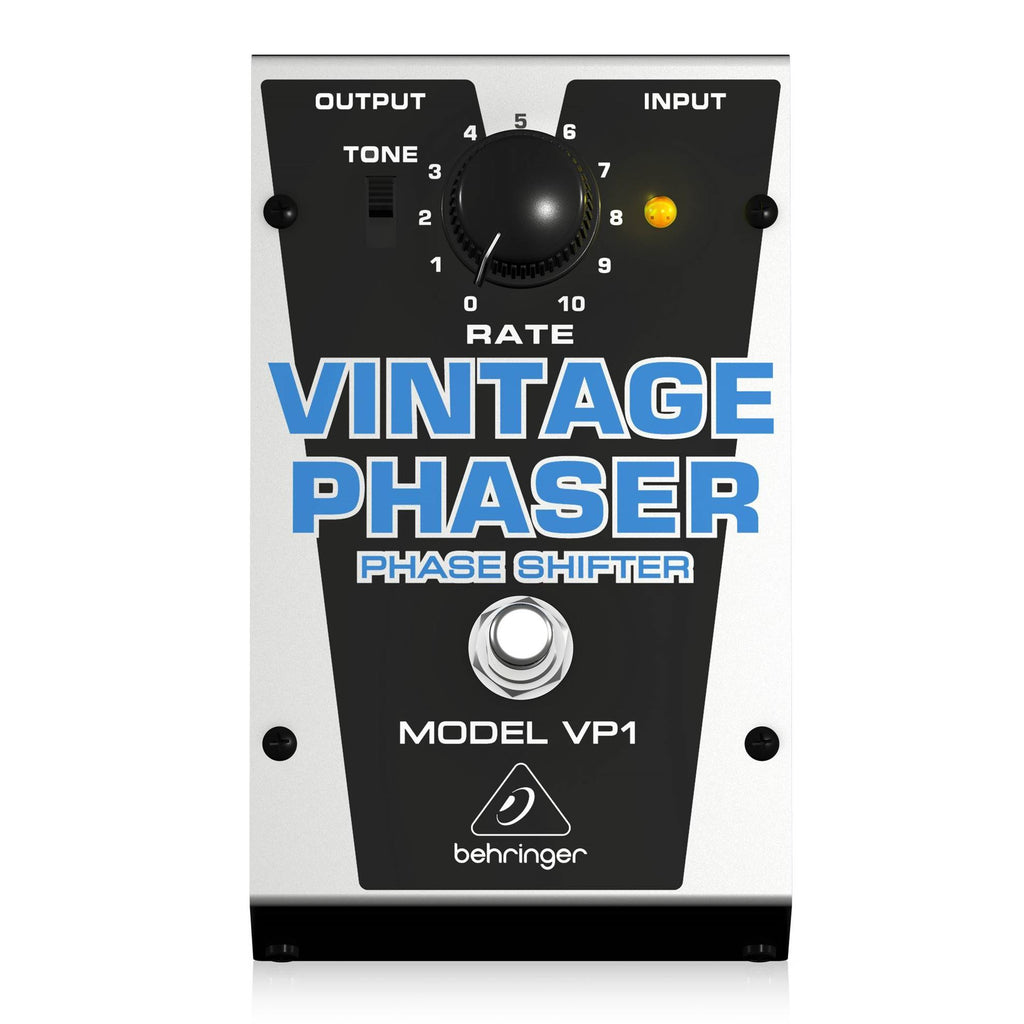 Behringer VP1 Vintage Phaser effects pedal with control knobs and input/output jacks, used for guitar sound modulation.