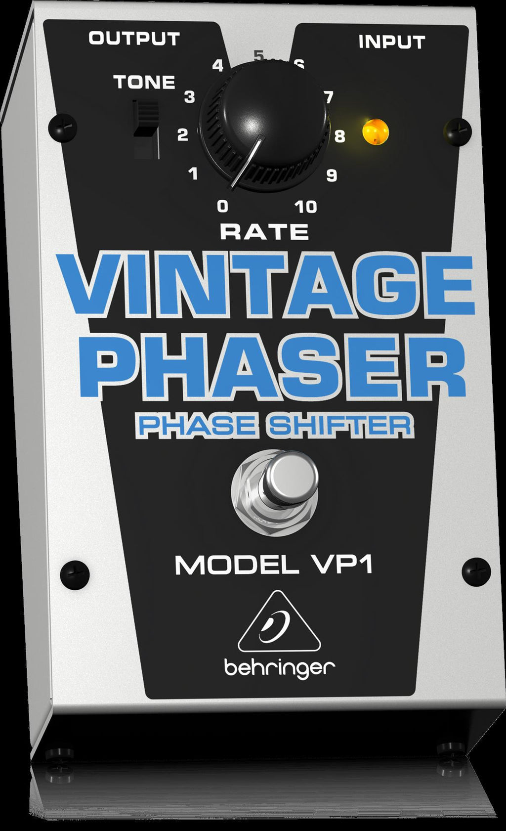 Behringer VP1 Vintage Phaser effects pedal with control knobs and input/output jacks, used for guitar sound modulation.