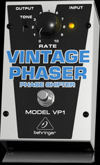 Behringer VP1 Vintage Phaser effects pedal with control knobs and input/output jacks for guitar or keyboard sound modulation.